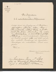 k.k. naturhistorisches Hofmuseum, Intendanzakten 1885-1896 (Hauer), Aktenzahl Z.416/1889, Seite 1